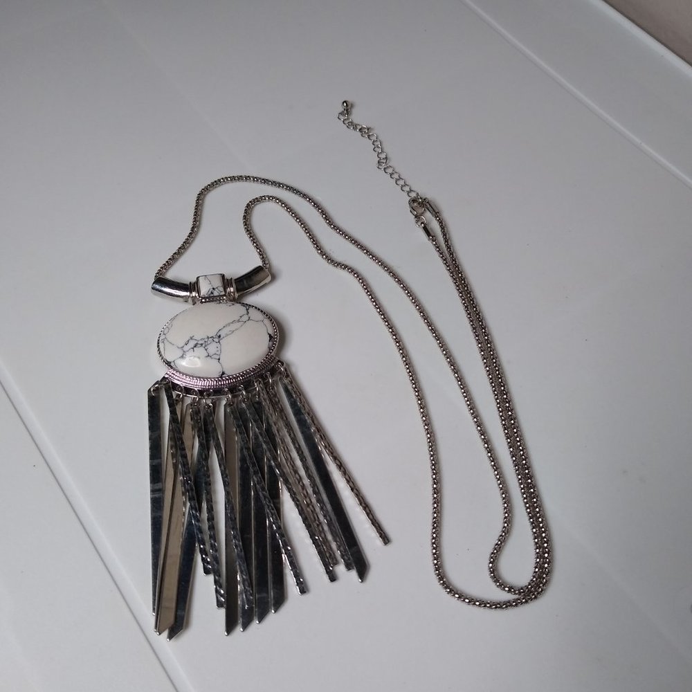 Large White Pendant Metal Tassel Necklace Adjustable 34 To 37 Inches